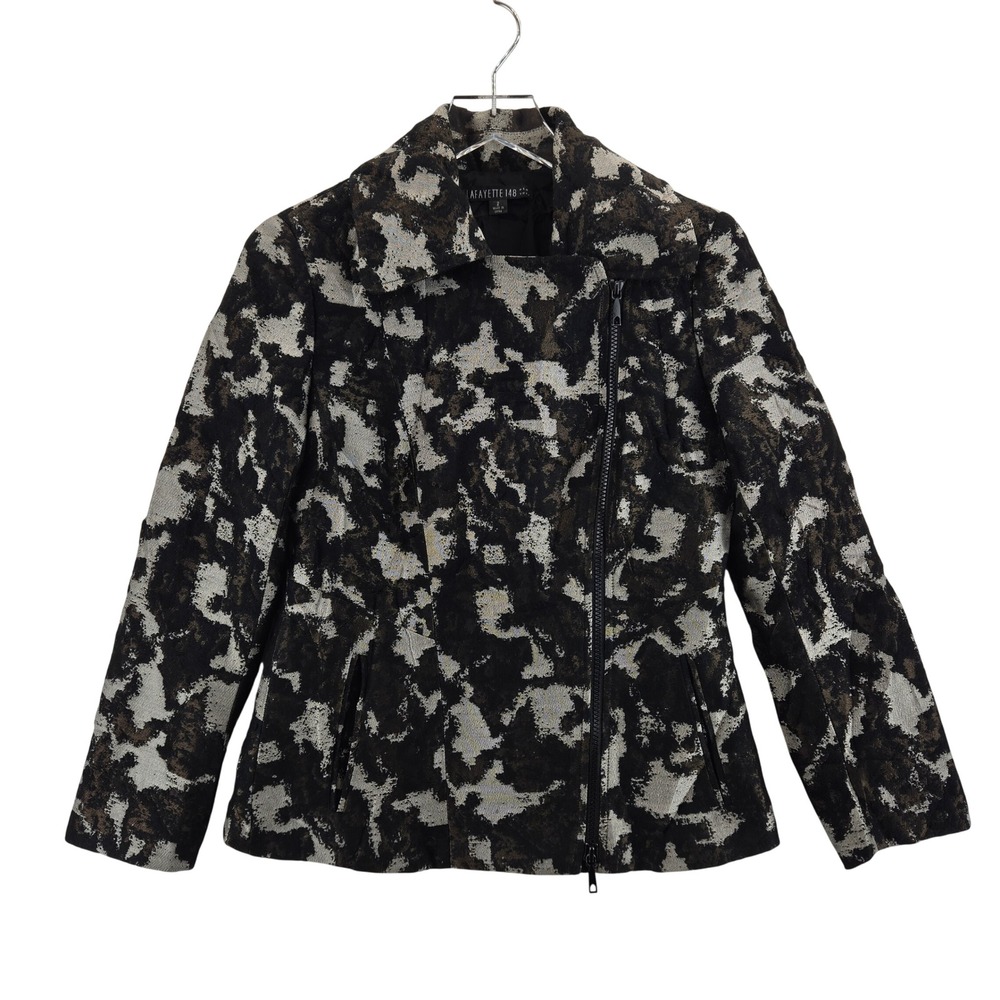 Lafayette 148 New York Women Size 2 Black Silver‎ Camo Print Moto Jacket Blazer